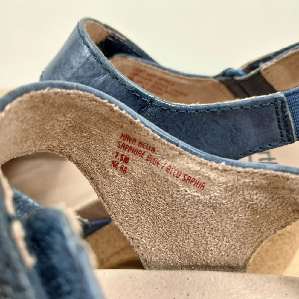 Earth Blue Leather Cork Wedge Sandals Platform Ankle Strap Womens Size 39 8.5-9